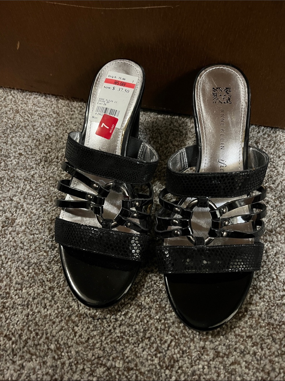 Anne Klein Black Sequin & Metallic Strappy Mule Sandals